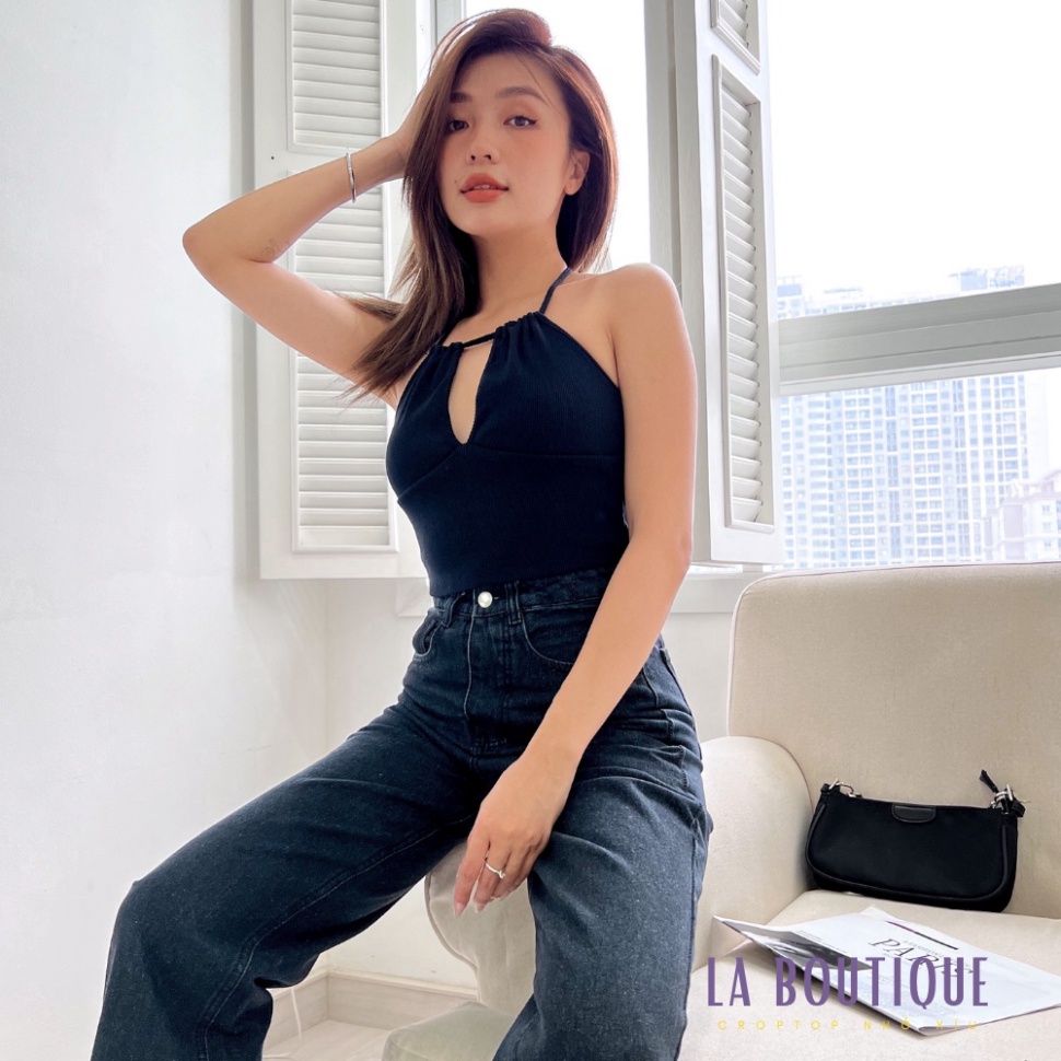 Áo croptop cổ yếm cột dây khoét ngực sexy thun gân co giãn 4 chiều La Boutique Tặng kèm cặp dán ngực LA55