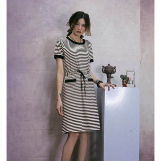 Đầm thun cổ tròn, thắt eo, kẻ sọc trẻ trung, đơn giản - D21