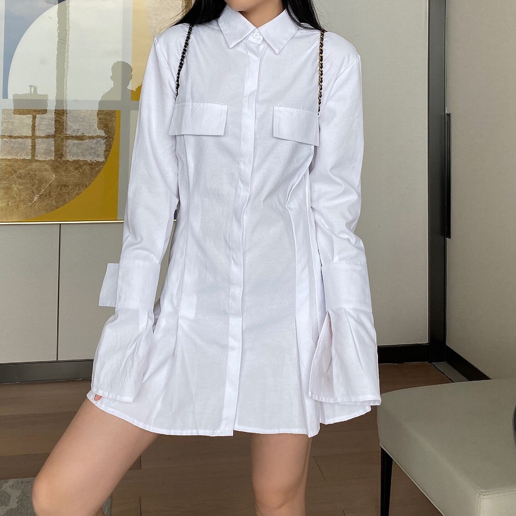 Váy trắng sơ mi thiết kế xếp li cổ nhọn thời trang Becky