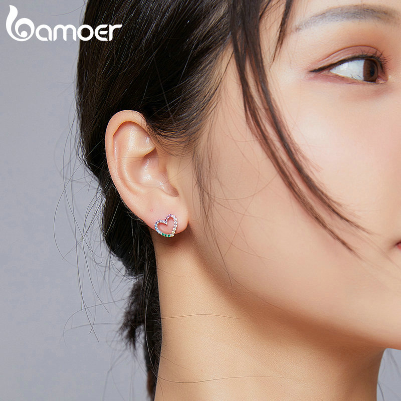 BAMOER Bông Tai  Bạc 925 Hình Trái Tim Đính Đá SCE891