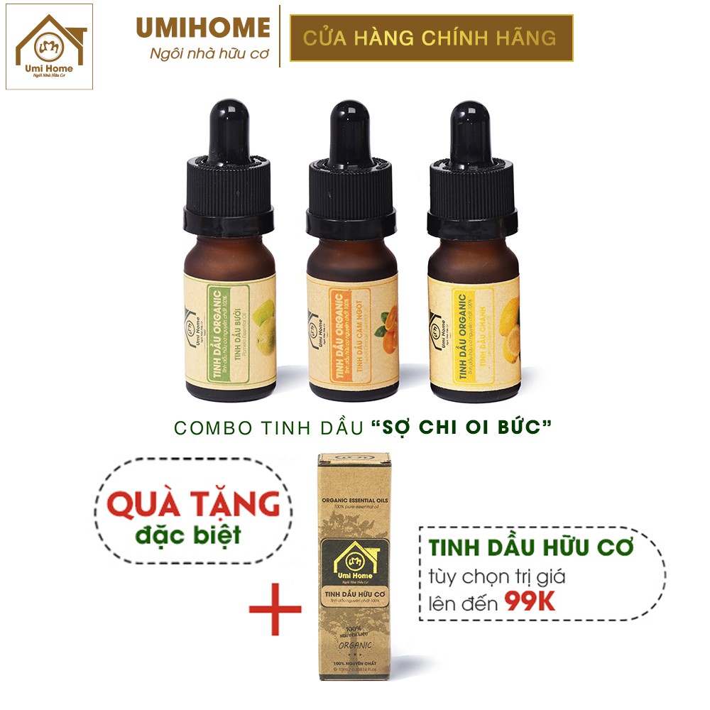 Combo 3 loại Tinh Dầu UMIHOME gồm Cam Ngọt, Chanh, Bưởi (10mlx3) hữu cơ nguyên chất