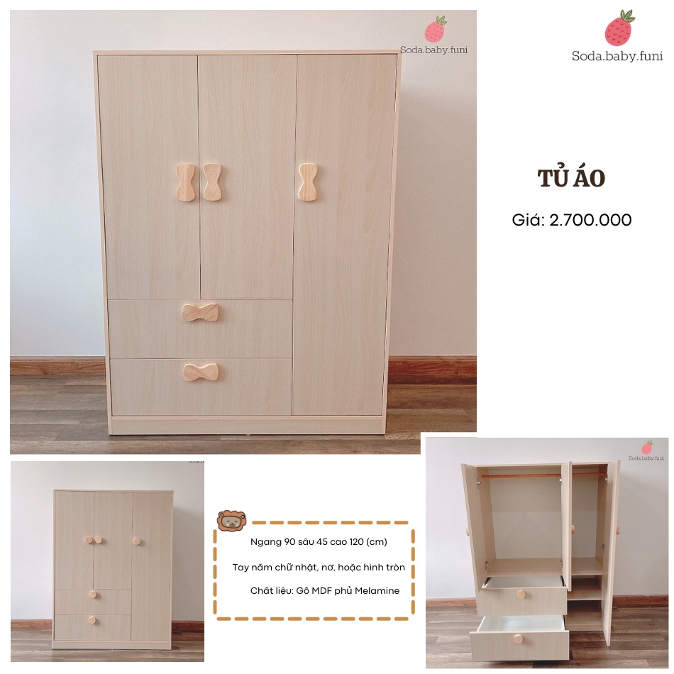 Tủ áo cho bé gỗ cho bé gỗ công nghiệp MDF phủ Melamine chống trầy ngang 60-90cm mã 001