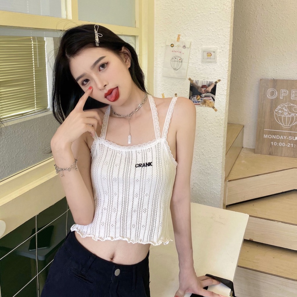 Áo croptop 2 dây ren ôm body thêu chữ CRANK chất liệu dệt kim cao cấp -ACN26 nội y xanh chất cực đẹp, sang chảnh, đồ lót