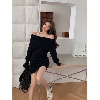 váy len lông trễ vai