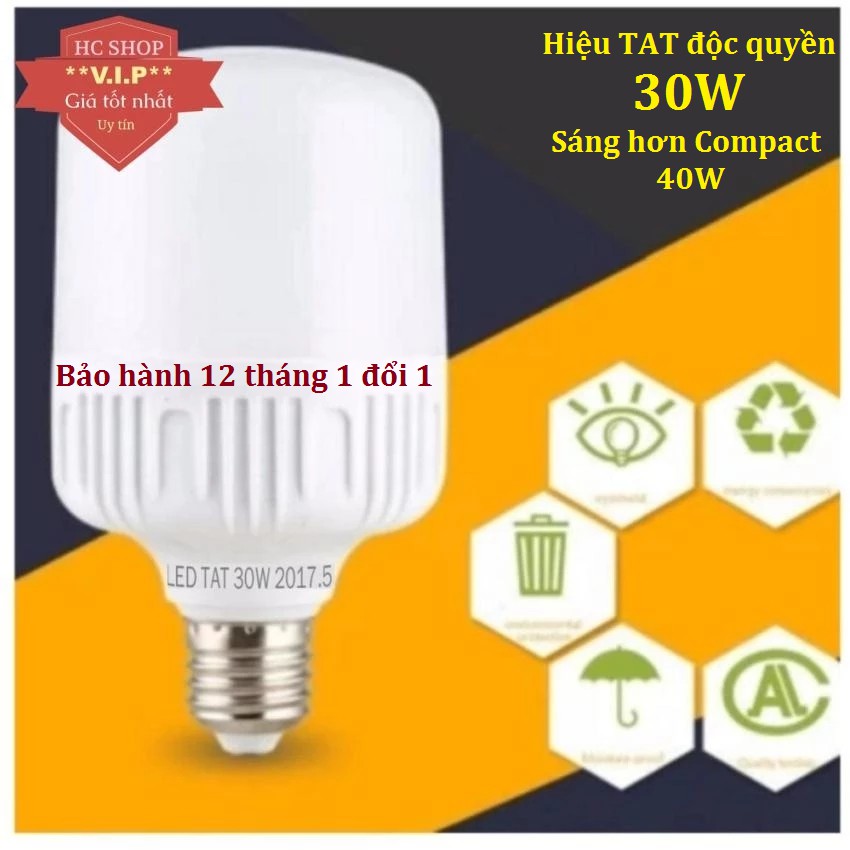 Bộ 2 Bóng đèn Led trụ 30W Siêu sáng tiết kiệm điện ánh sáng trắng