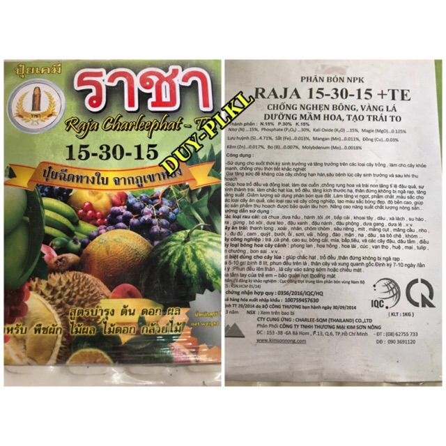 Phân bón lá NPK Thái Lan Cao Cấp Raja 15-30-15 + Te - hộp 1kg. Chuyên dùng cho rau, hoa và cây cảnh.