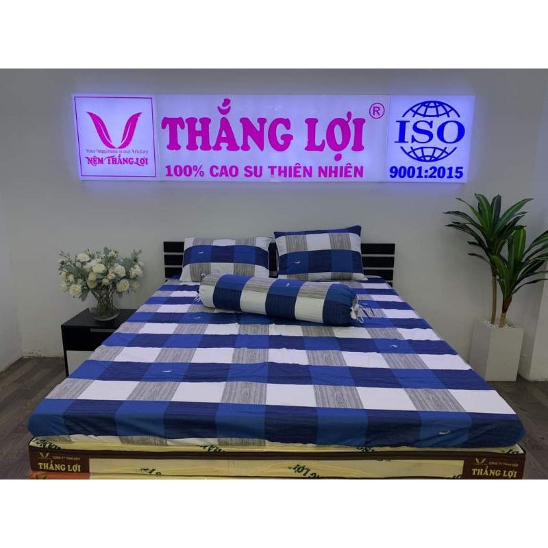 Drap cotton 100% Thắng lợi, ga giường chất vải dày dặn thoáng mát (4 món) chuẩn logo Ô XANH DƯƠNG