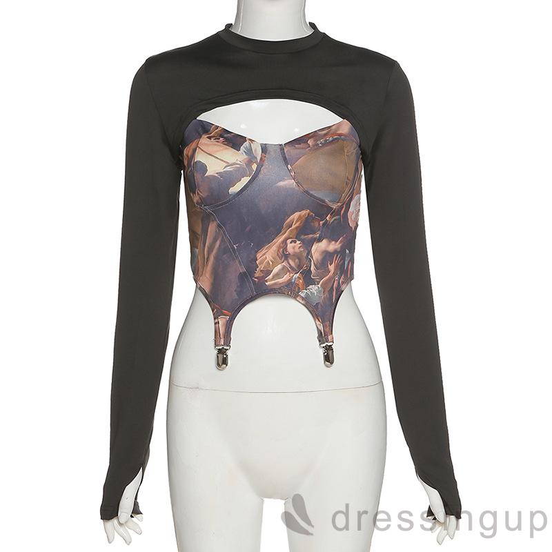 Set Áo Chui Đầu Cổ Tròn Tay Dài + Áo Hai Dây Họa Tiết Sành Điệu Cá Tính Cho Nữ | BigBuy360 - bigbuy360.vn