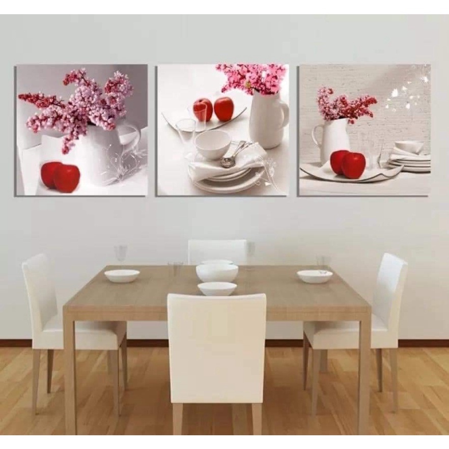 Bộ 3 bức tranh vuông treo cạnh bàn ăn, bếp, treo phòng khách, tranh tráng gương 5D cao cấp.