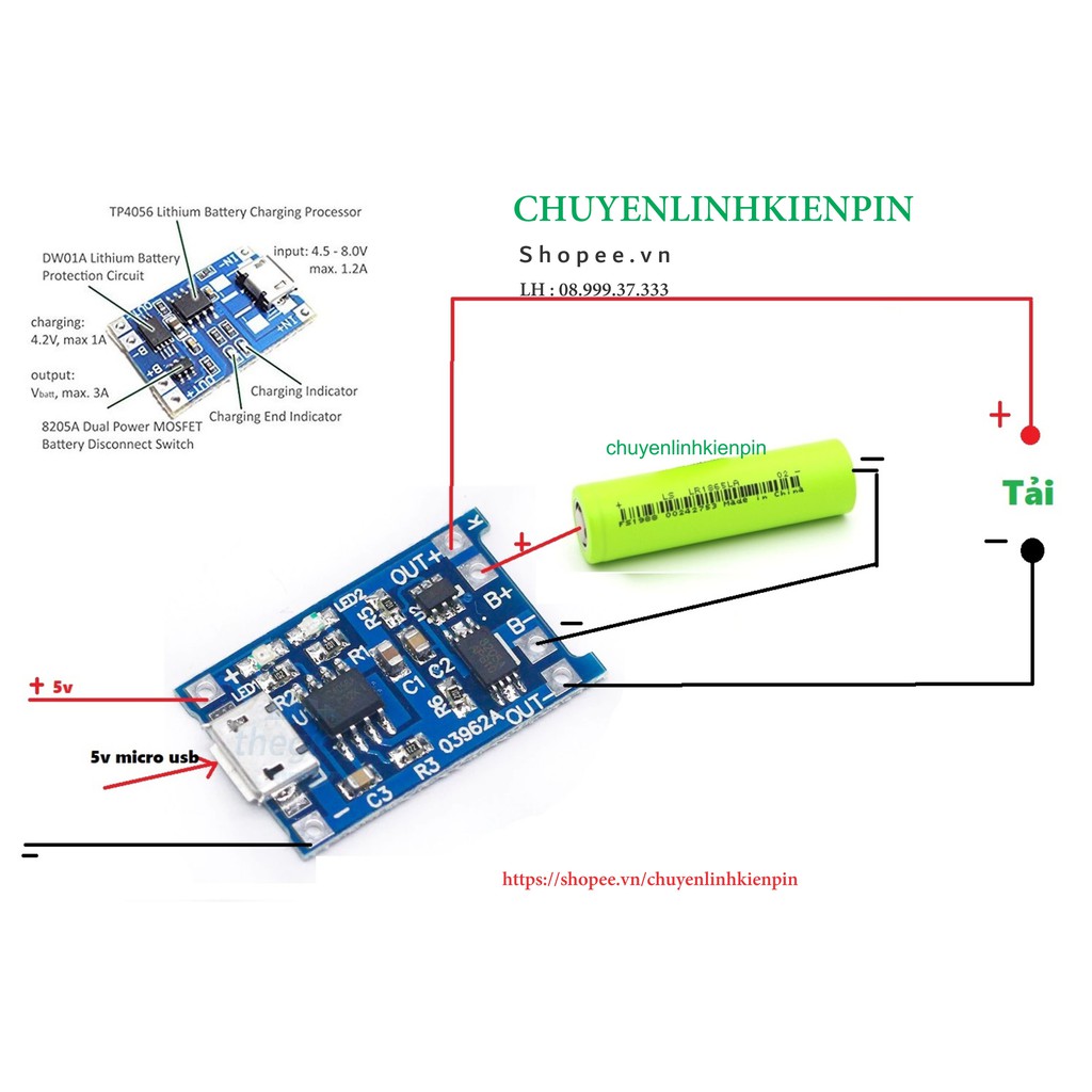 Mạch Sạc Pin TP4056 1A Micro V2- IC Bảo Vệ Quá Dòng- Quá Áp ( BL64_49 )