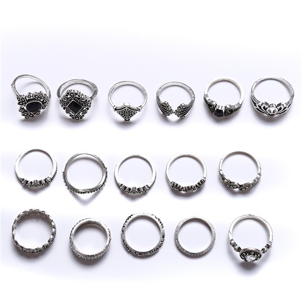 Set 15 nhẫn mini màu bạc đính đá phong cách Bohemia thời trang