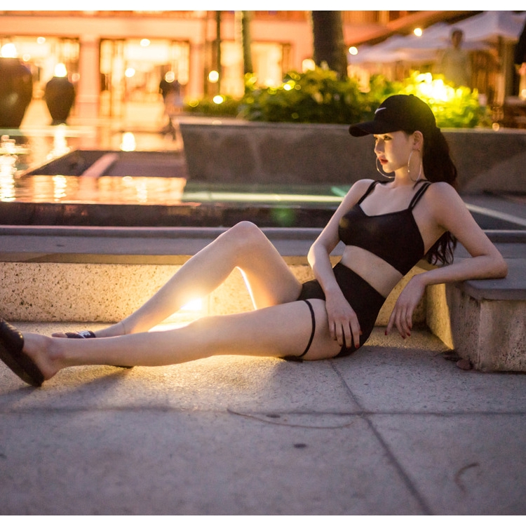 Bộ Đồ Bơi Ba Mảnh Lưng Cao Màu Đen Phong Cách Hàn Quốc | BigBuy360 - bigbuy360.vn