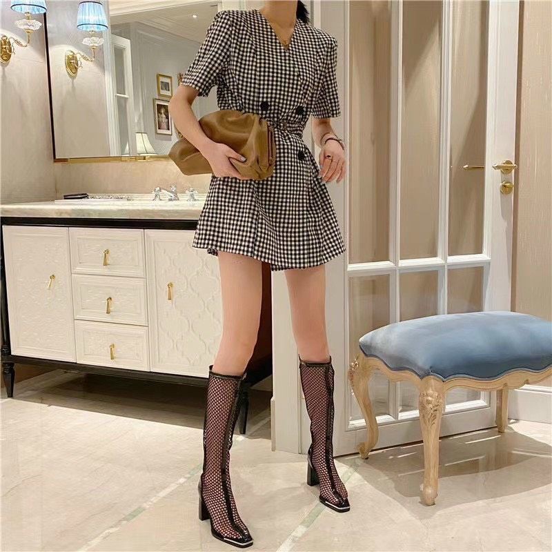 KV(ẢNH THẬT) Boot Đùi Lưới Gót Vuông 9p Khoá Sau Mềm Êm Fullbox Cao Cấp