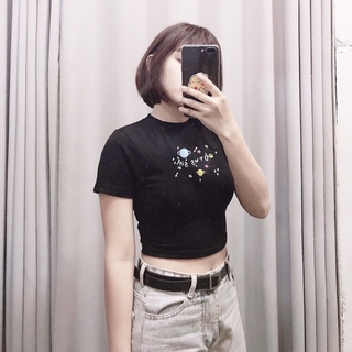 [Ảnh thật] Áo croptop thun nữ thêu hình dễ thương ulzzang