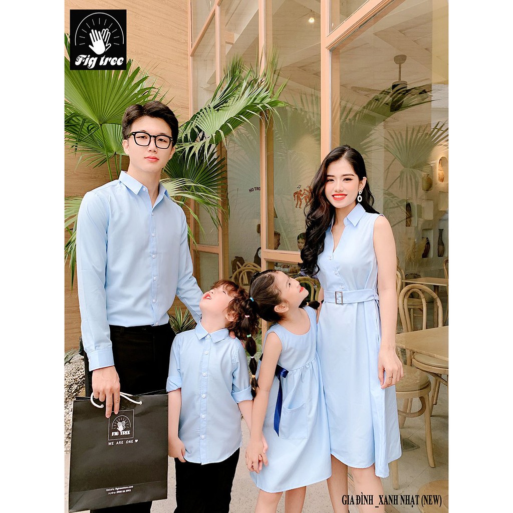 Set gia đình sơ mi váy màu xanh biển nhạt nhẹ nhàng FIG TREE