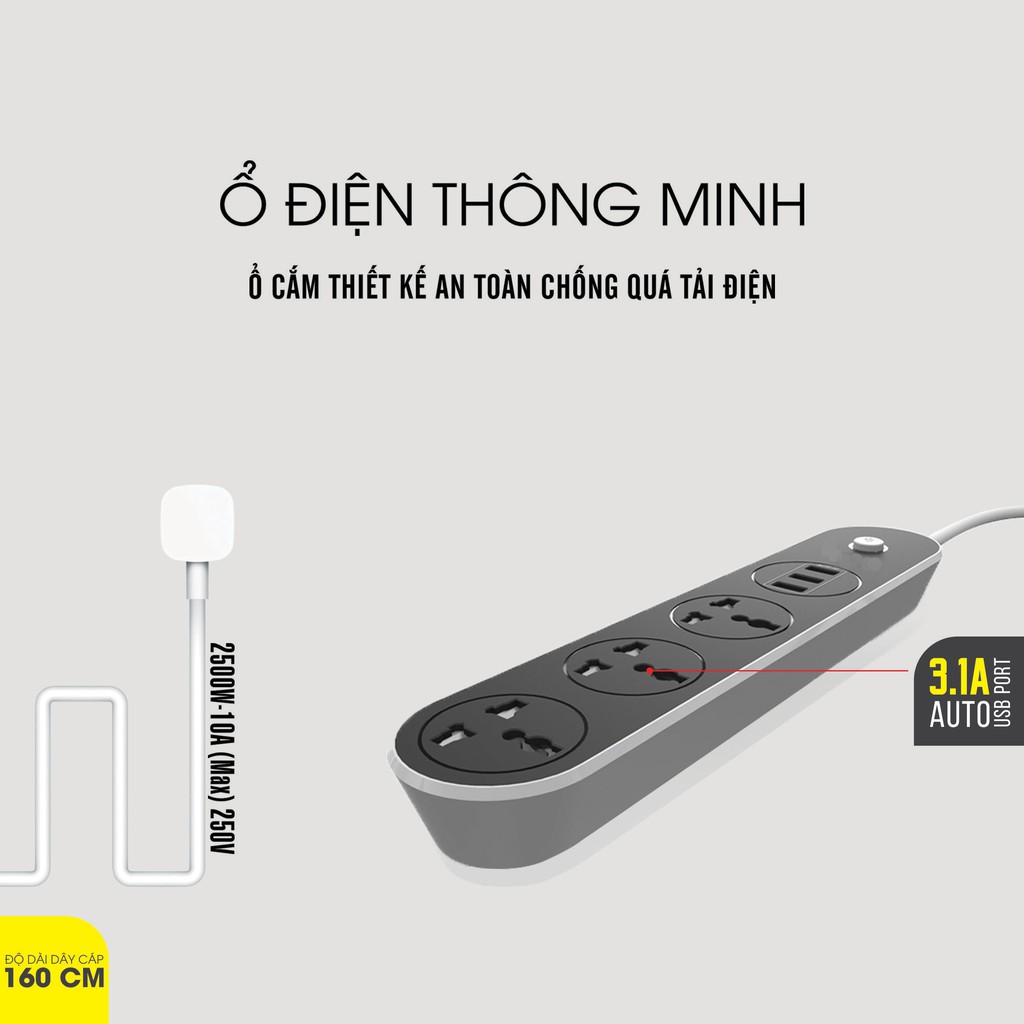 Ổ điện đa năng 3 cổng USB sạc nhanh Q 3.0 - Ổ điện cho điện thoại máy tính, laptop - LDNIO - Chính Hãng