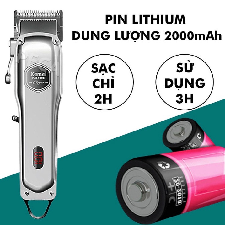 Tông đơ cắt tóc sạc nhanh, chuyên nghiệp Kemei KM-1998 cao cấp, tăng đơ cắt tóc cho bé và gia đình không dây, Chính hãng