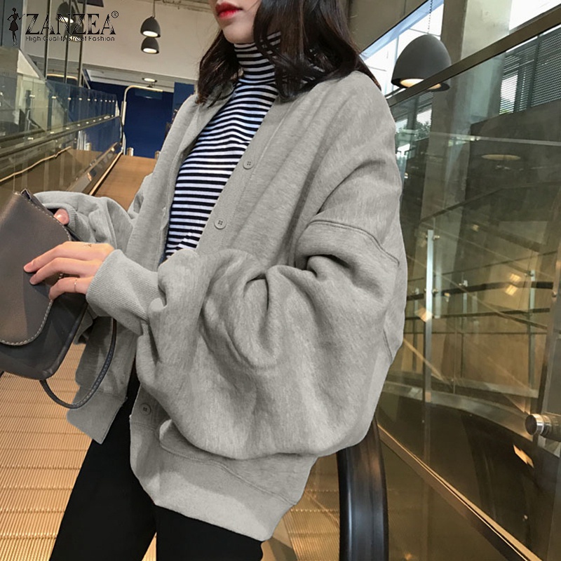 Áo khoác ZANZEA dáng rộng và dài thiết kế tay phồng cổ tròn màu trơn thời trang cho nữ