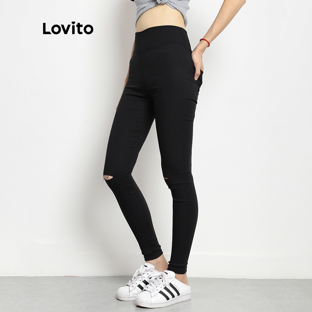 Quần Lovito phối rách có túi màu trơn thời trang đơn giản thường ngày L08155 (Màu đen)