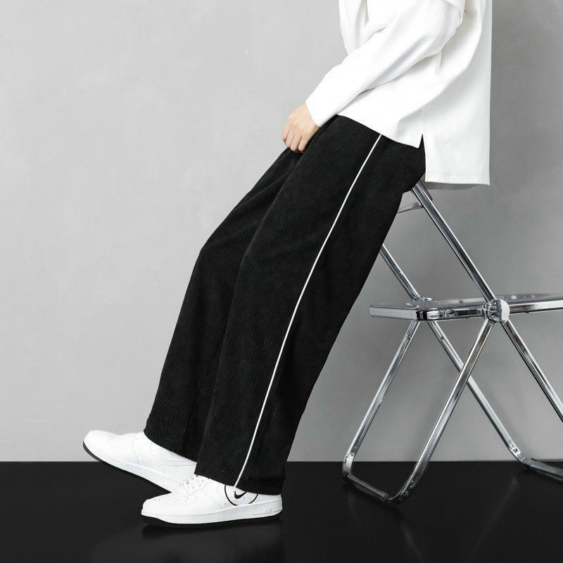 Quần Ống Rộng Nam Nữ Dáng Suông Chất Len Tăm Màu Đen Và Kem Phong Cách Trẻ Trung Năng Động Phong Cách Ulzzang