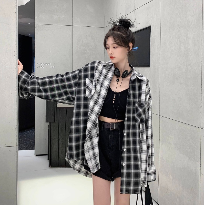 SUXI Áo Khoác Sơ Mi Chống Nắng Dáng Rộng Kẻ Sọc Ca Rô Trắng Đen Kiểu Retro Thời Trang Mùa Thu Cho Nữ