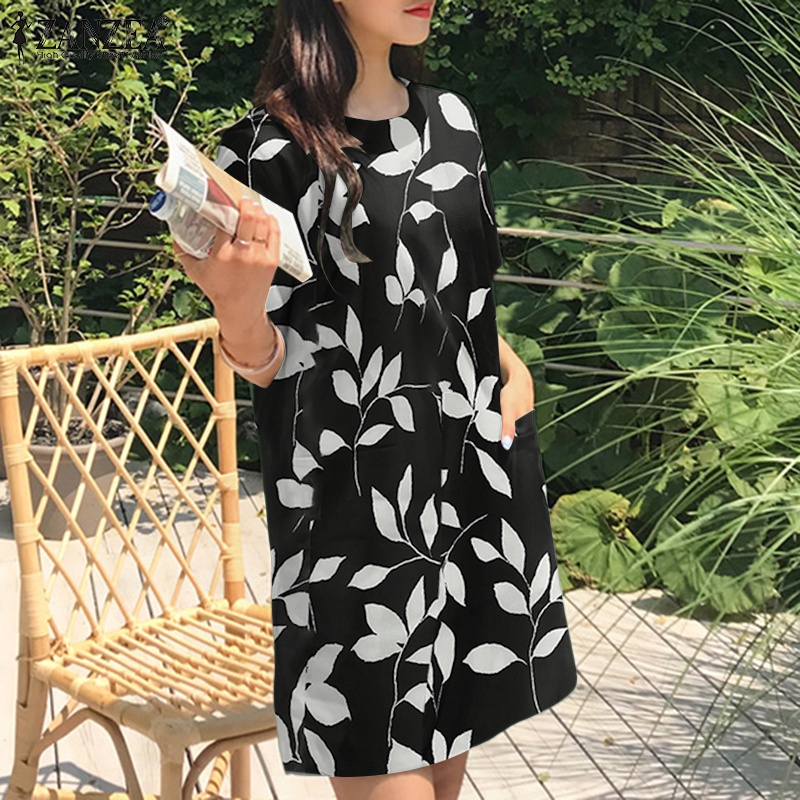 Đầm ZANZEA tay ngắn cổ tròn in họa tiết hoa lá phong cách cổ điển thời trang