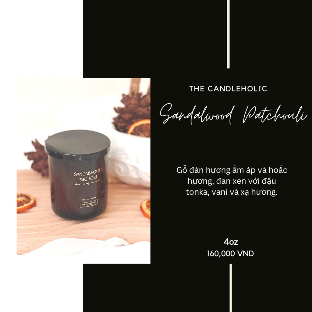 Nến thơm The Candleholic Sandalwood Patchouli 4oz hương gỗ và mưa rừng nhiệt đới