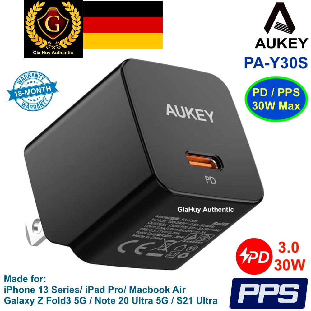 Củ sạc nhanh iP13 Series, iP.ad-Pro, Mac-Air, Note 20 Ultra 5G, Z Fold3 5G, S21 Series, S22 AUKEY PA-Y30S PD/ PPS 30W