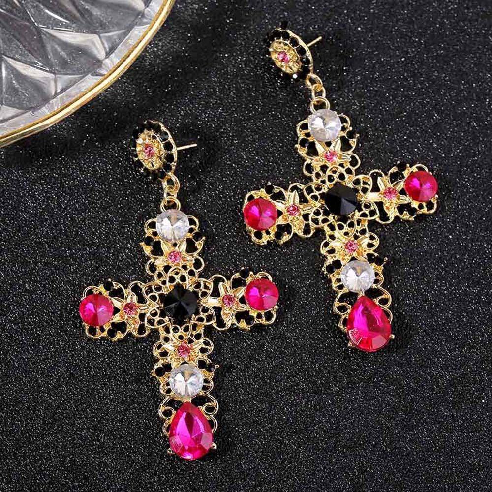 EXPEN Bông Tai Dài Hình Thánh Giá Màu Đen / Hồng Dành Cho Nữ