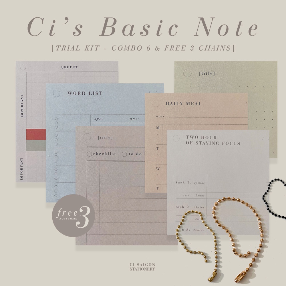 Bộ dùng thử Ci's Basic Note - Combo 6 thiết kế + Miễn phí 3 dây treo