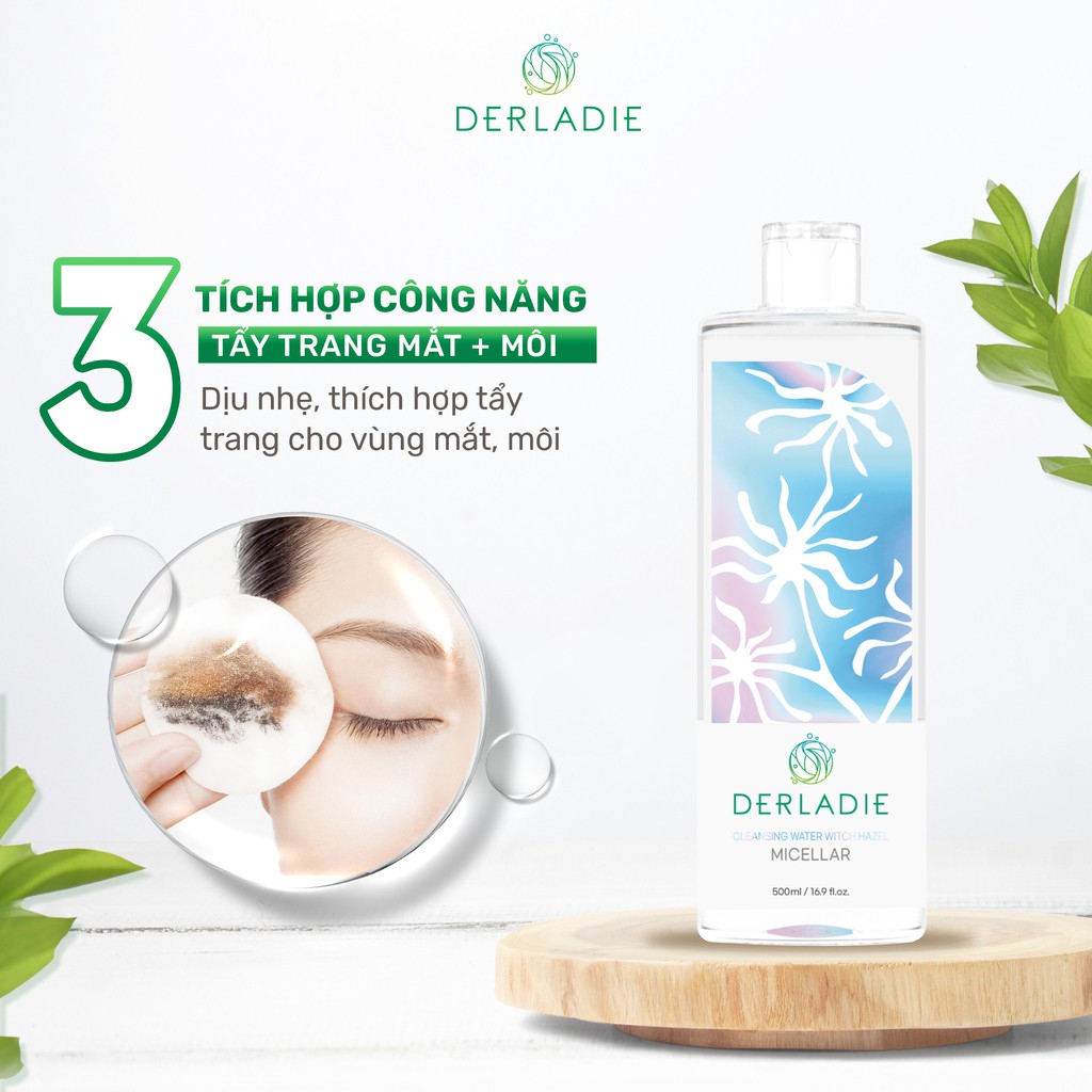 Combo Nước tẩy trang Derladie Cleansing Water Witch Hazel, Nước hoa hồng Derladie Lavender Natural Moisture Toner 500ml