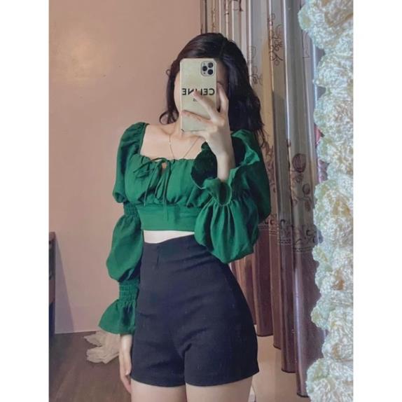 [NEW] Áo Sơ Mi Đũi Croptop , Áo Kiểu Dáng Ngắn Cách Điệu Màu Xanh Lá Hottrend 2022