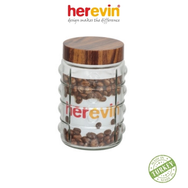 Bộ 2 Hũ Thuỷ Tinh Herevin Tròn Sọc Nắp woody 2L - HEHU231930-205