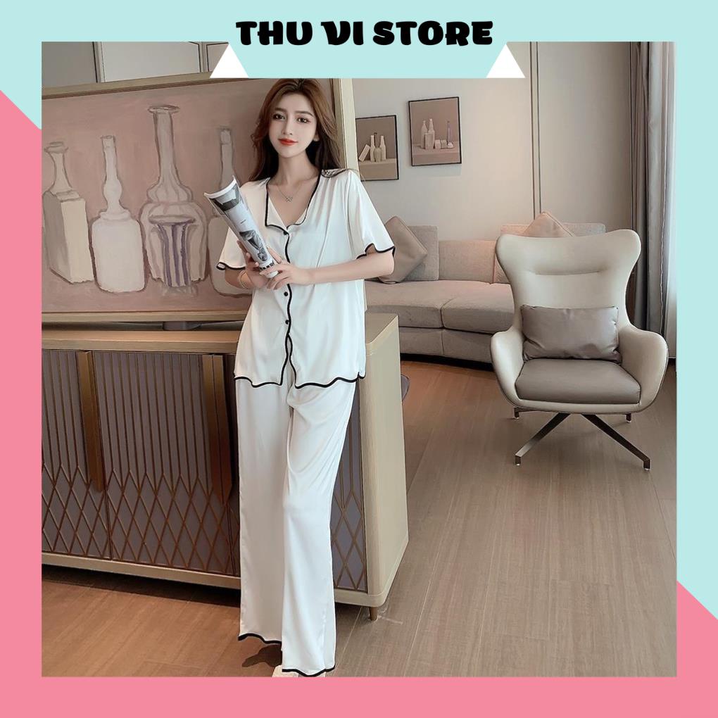 Đồ Bộ Pijama, Bộ Mặc Nhà Áo Nữ Lụa Tay Ngắn Quần Dài Cổ Lật Gợn Sóng Chất Liệu Lụa Satin Nhiều Màu, Form Rộng Rãi Thoáng