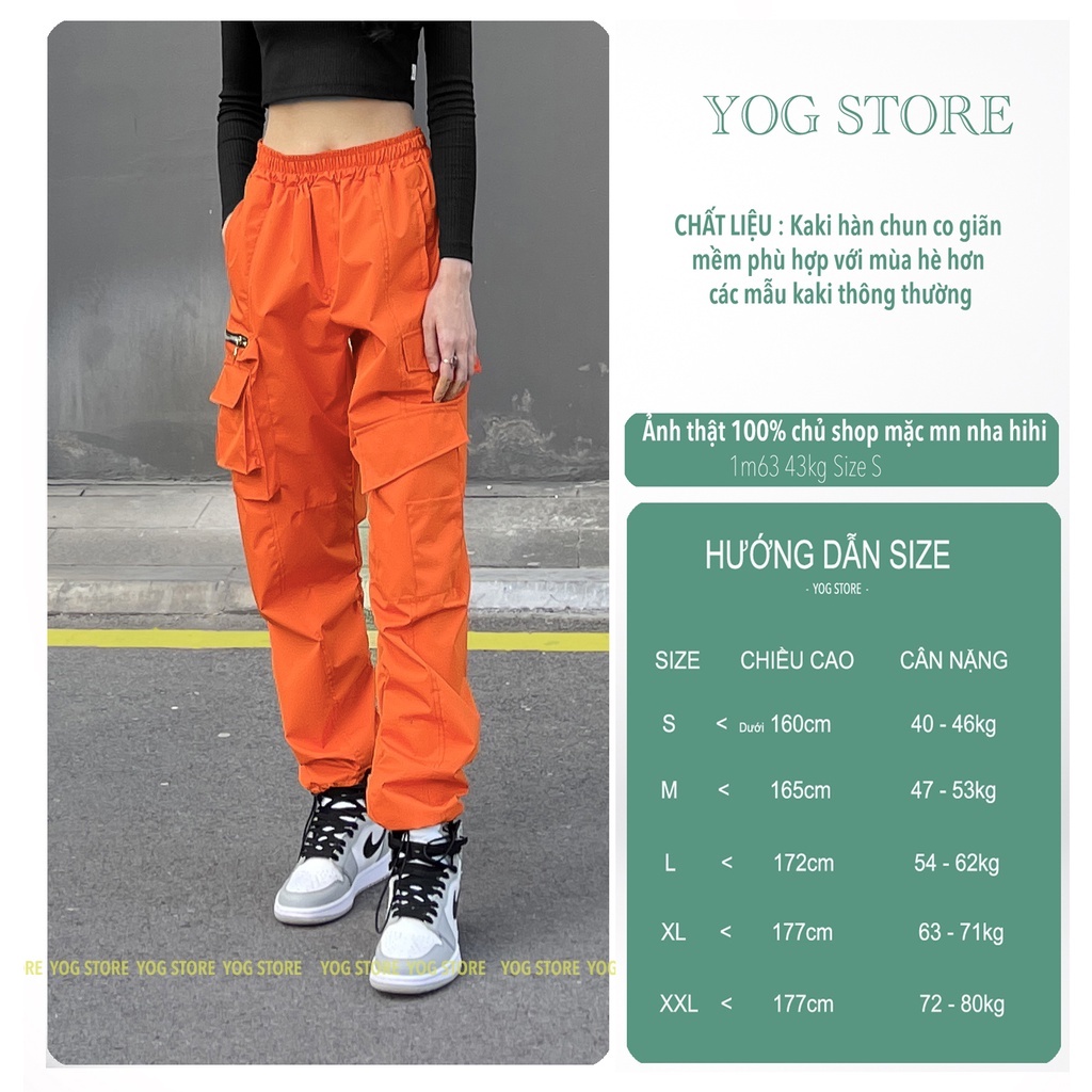 cargo pants - quần kaki ống rộng cạp cao túi hộp nhiều túi màu cam dáng suông hack dáng phong cách Âu Mỹ  YOG