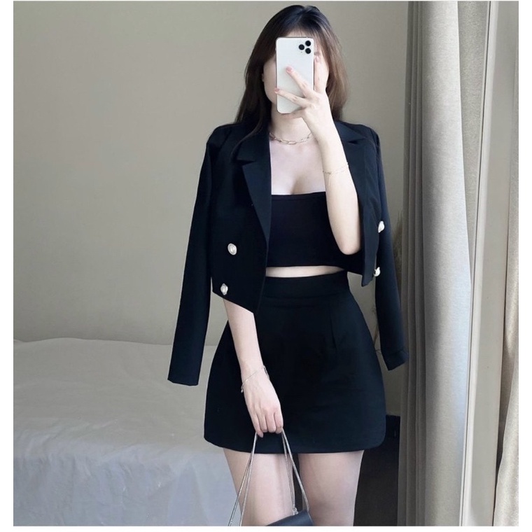 SET 3 MÓN ĐEN: KHOÁC CROPTOP VEST TAY DÀI + ÁO 2 DÂY + CHÂN VÁY