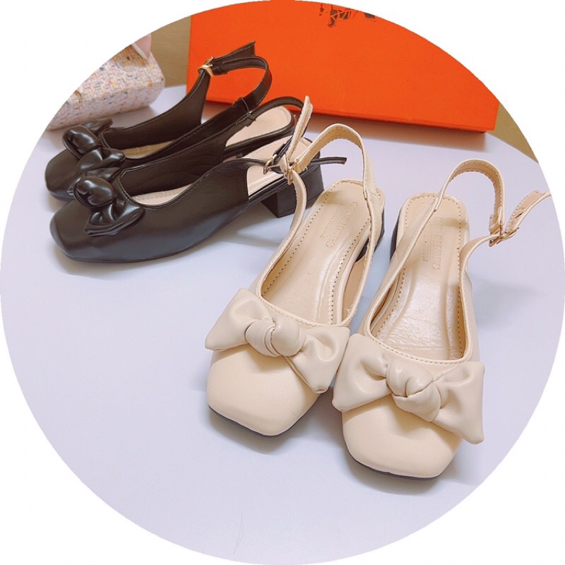 Giày sandal mũi vuông nơ ú gót vuông 3p bít mũi ảnh chụp thật