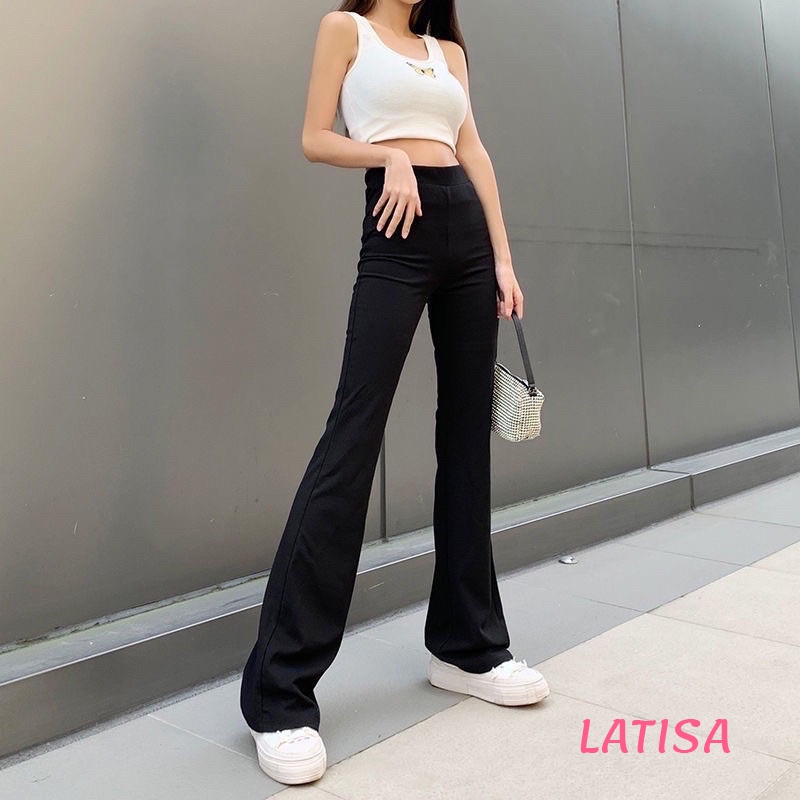 Quần ống loe legging nữ ôm lưng thun cạp cao dáng dài đen bigsize co dãn có túi LATISA QD02