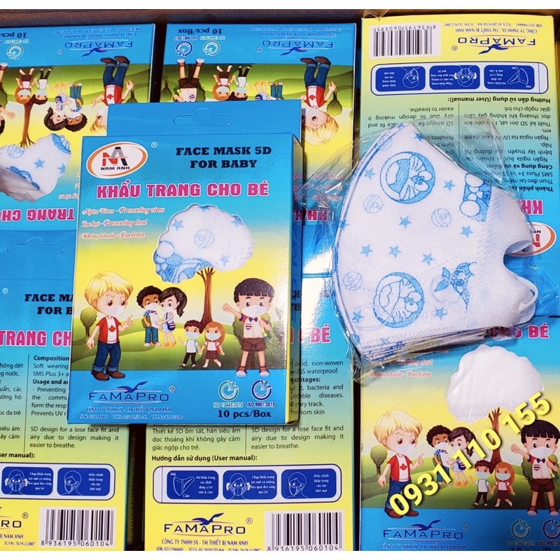 Hộp 10 cái khẩu khẩu trang cho bé 5D mask giấy kháng khuẩn hình doremon
