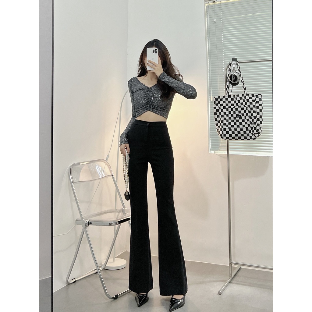 Áo croptop nữ tay dài HHVINTAGE kiểu nhún ngực đính kim sa thun co giãn Top A43