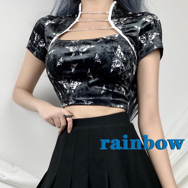 Áo Croptop Tay Ngắn Cổ Xẻ Sâu In Hình Bướm Màu Cầu Vồng Thời Trang Mùa Hè Quyến Rũ Cho Nữ | BigBuy360 - bigbuy360.vn
