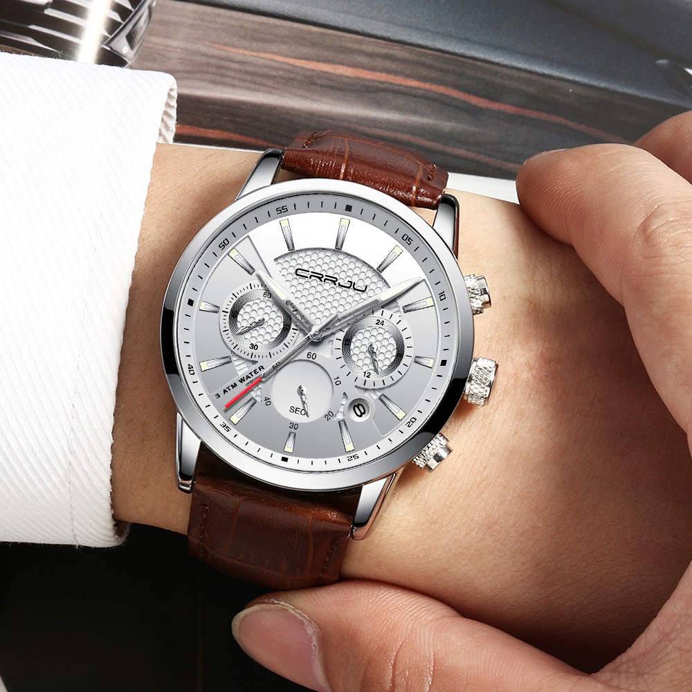 Đồng hồ đeo tay CRRJU 2212LG dây đeo bằng da máy thạch anh chống thấm nước thời trang kinh doanh cho nam