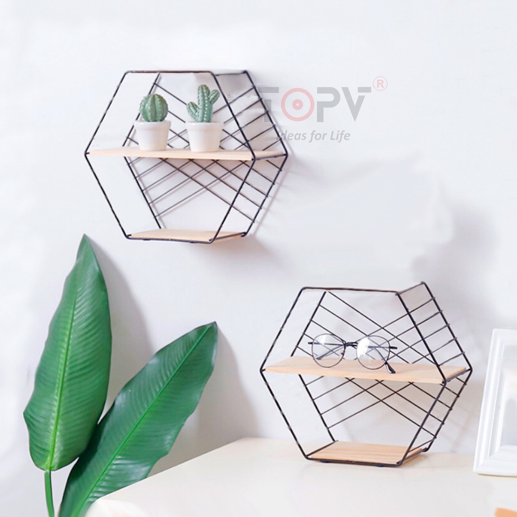 Kệ treo tường TopV trang trí phòng khách khung sắt lục giác decor sơn tĩnh điện lamvuontopv