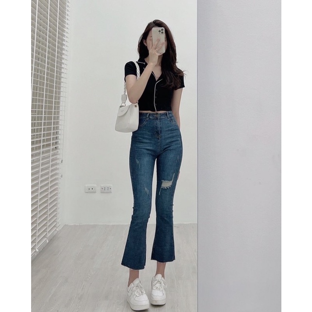 Croptop cổ vest viền trắng