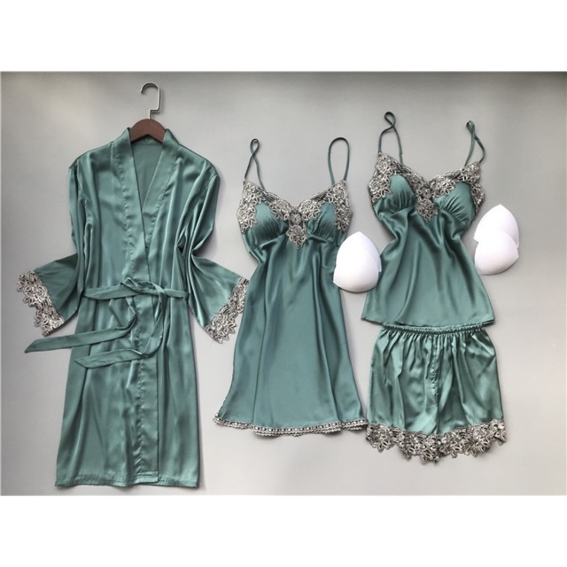 💥❤️HOT HOT💋✨QQ4336 cobom váy ngủ 4 sản phẩm - đồ ngủ lụa satin cao cấp | BigBuy360 - bigbuy360.vn