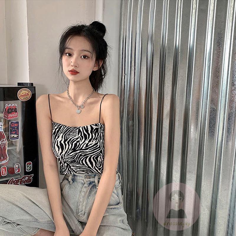 Áo Hai Dây Dệt Kim Cổ Vuông In Họa Tiết Ngựa Vằn Sành Điệu Cho Nữ