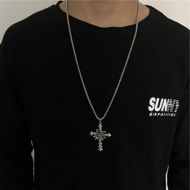 Dây Chuyền Thép Titan Mặt Hoa Hồng Và Thánh Giá Phong Cách Hip Hop 22375