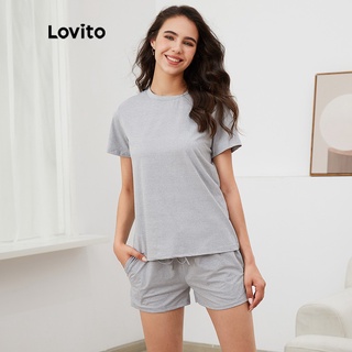66de Bộ đồ mặc nhà Lovito ngoại cỡ tay ngắn cổ tròn phối túi màu trơn đơn giản L03009 (Màu Xám)