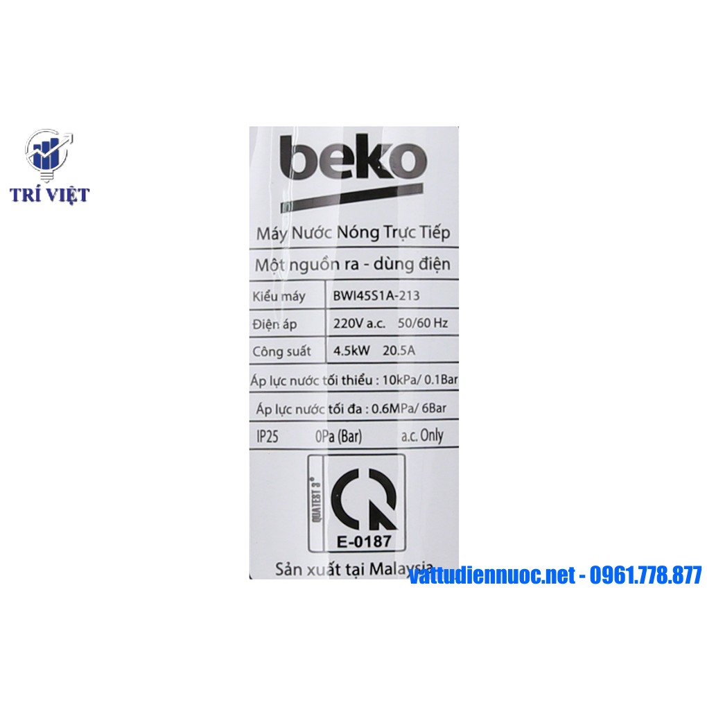 MÁY NƯỚC NÓNG TRỰC TIẾP BEKO 4500W BWI45S1N-213 / BWI45S1A-213 - CÓ BƠM VÀ KHÔNG BƠM TRỢ LỰC