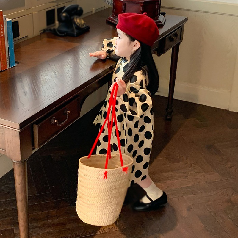 Se7en Đầm Công Chúa Mùa Hè Tay Dài Cổ Tròn In Chấm Bi Phong Cách Hàn Quốc Cho Bé Gái